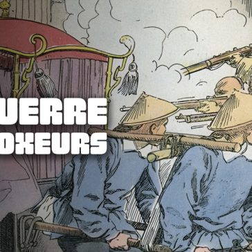 Titre "La guerre des boxeurs" sur fond d'illustration de presse ancienne représentant l'assassinat du baron von Ketteler dans son palanquin en pleine rue en juin 1900.