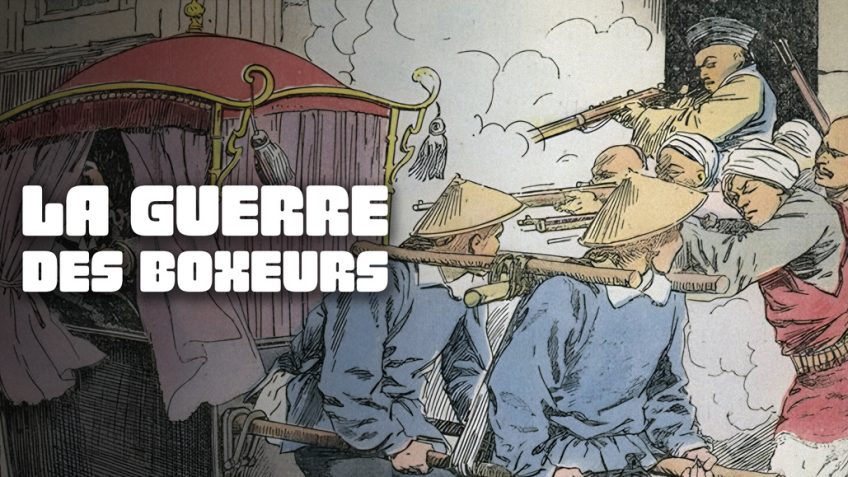 Titre "La guerre des boxeurs" sur fond d'illustration de presse ancienne représentant l'assassinat du baron von Ketteler dans son palanquin en pleine rue en juin 1900.